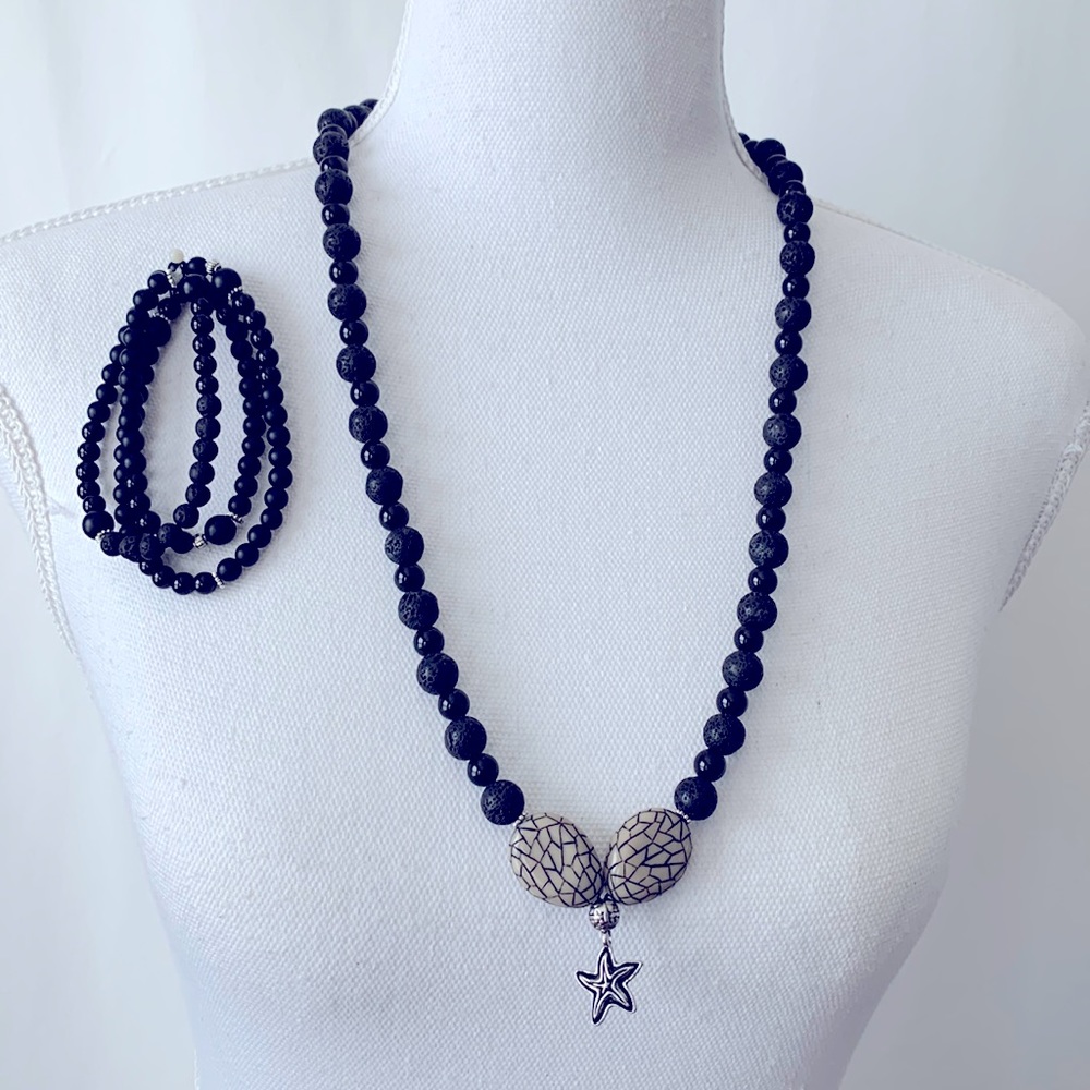 2 Pc Necklace in Black Lava Rock Necklace and Bracelet